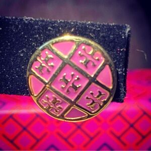 Tory Burch Gold-Tone Pink Enamel Logo Button Earrings